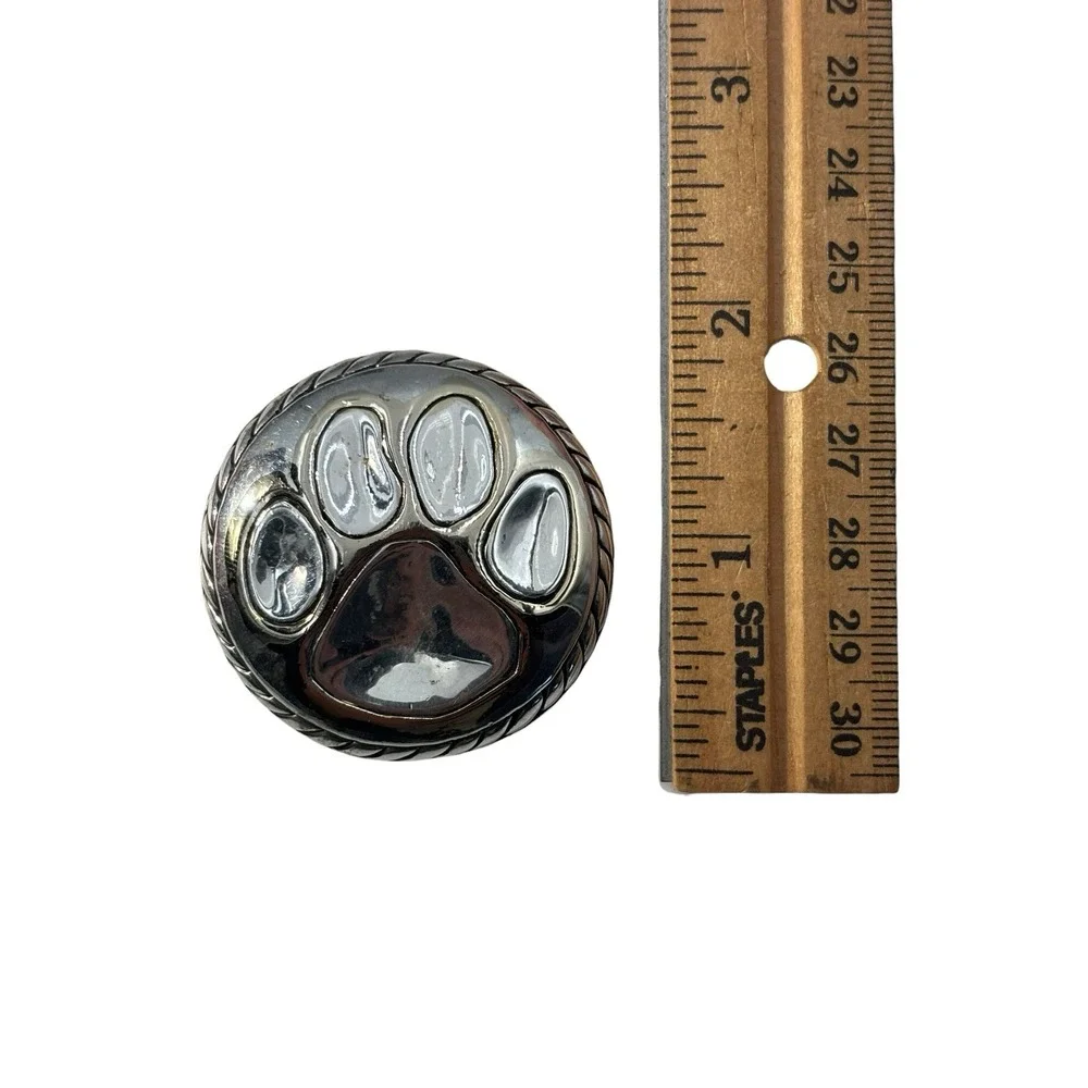 Vintage MJ Silver Tone Indented Cat Dog Pet Paw Print Round Pendant Brooch Pin